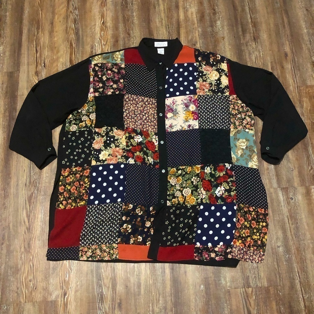 Express Top Women's Medium Patchwork Oversized Button Front Chiffon Tunic Boho
